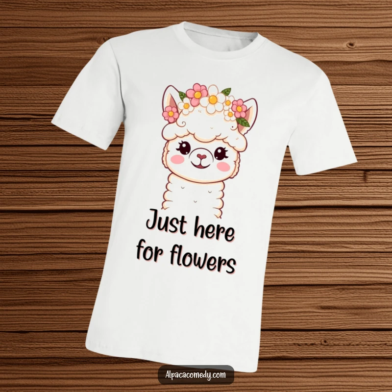 Funny T-Shirt: Adorable kawaii alpaca peacefully sporting a floral crown, soft eyes conveying gentle happiness and charm.