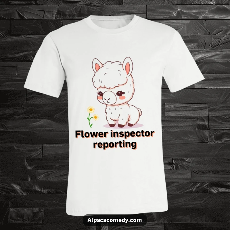 Funny kawaii alpaca with a magnifying glass curiously inspects a tiny daisy, highlighting its sweet and inquisitive personality on a comfortable t-shirt.