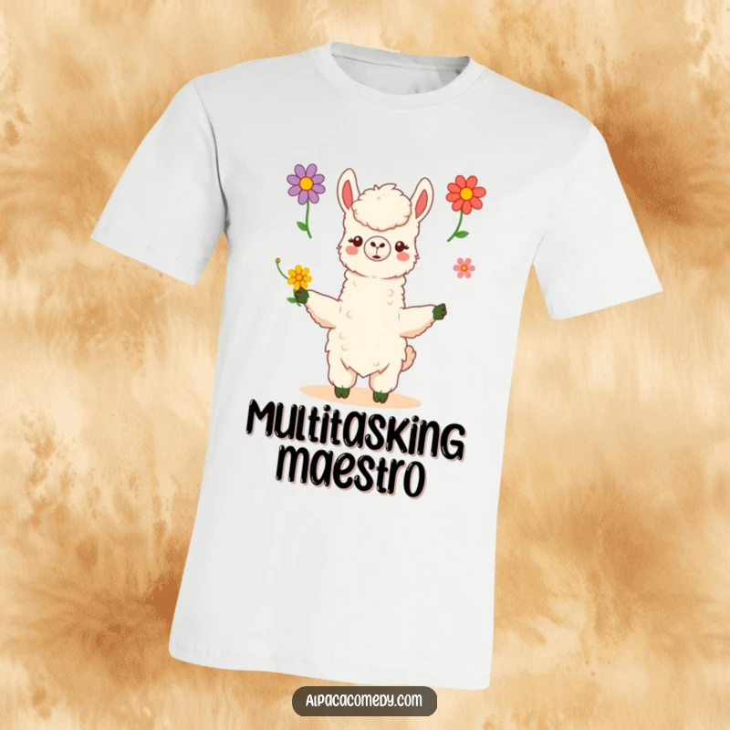 Funny kawaii alpaca skillfully juggles three vibrant flowers with poise and grace, printed on a comfortable t-shirt, highlighting artistic talent.