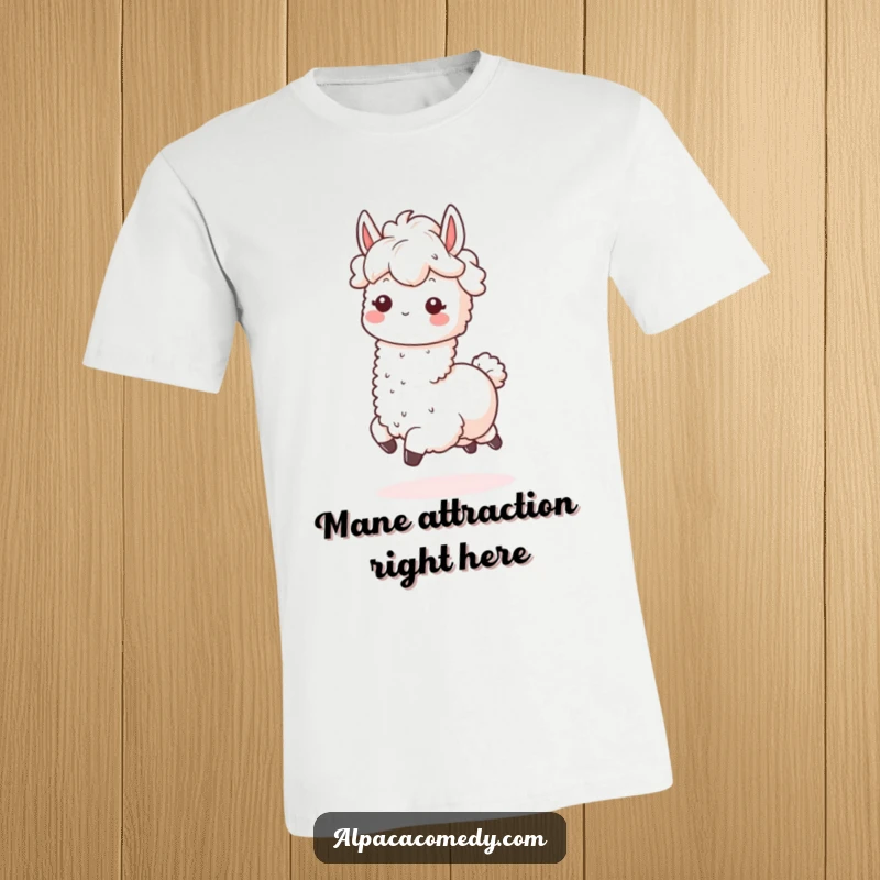 Funny Kawaii Alpaca T-Shirt showing a happy alpaca with a fluffy mane joyfully prancing, great for casual wear.