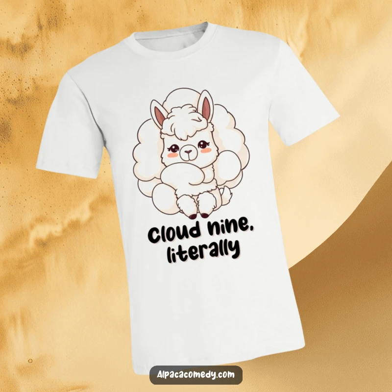 Funny Kawaii alpaca t-shirt, curiously nuzzling a fluffy cloud, gentle expression showing curiosity and a love for the sky.