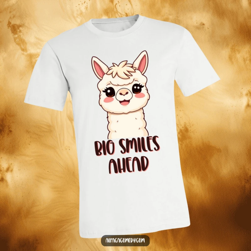 Funny Kawaii Alpaca T-Shirt featuring a smiling alpaca with a head tilt, radiating a welcoming, friendly, and humorous aura.
