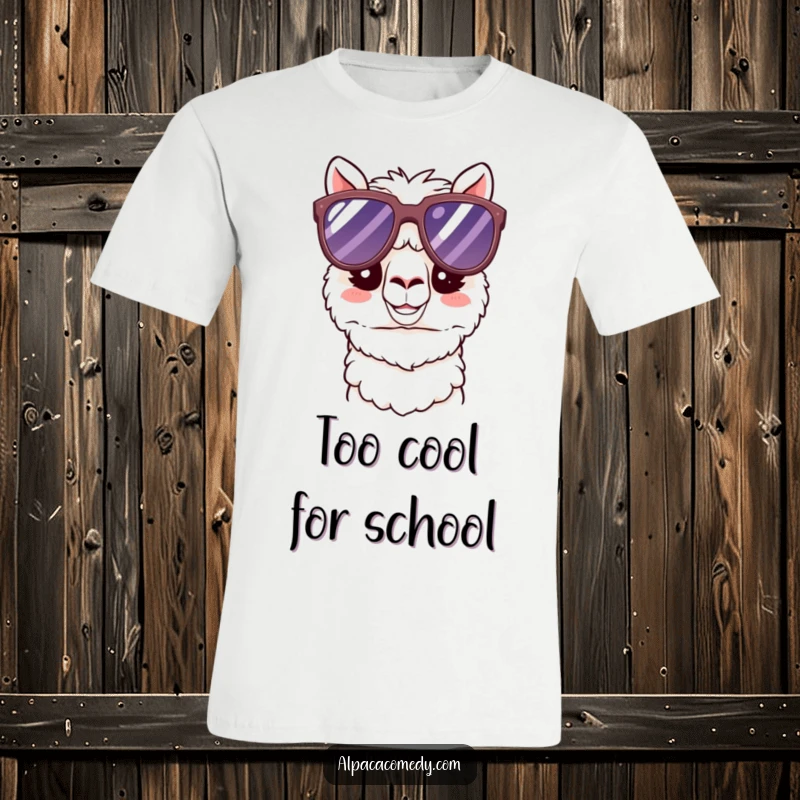 Funny Kawaii Alpaca T-Shirt showcasing a happy alpaca sporting oversized sunglasses, radiating cool confidence and playful humor.
