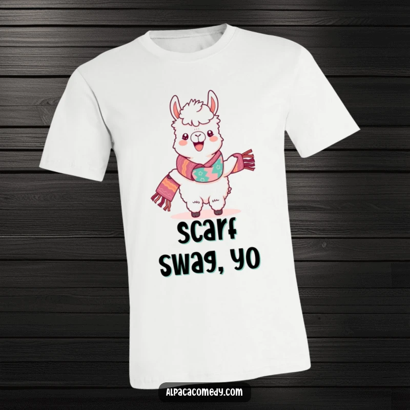 Funny Kawaii Alpaca T-Shirt, showcasing a cheerful alpaca proudly modeling a colorful, hand-knitted scarf.