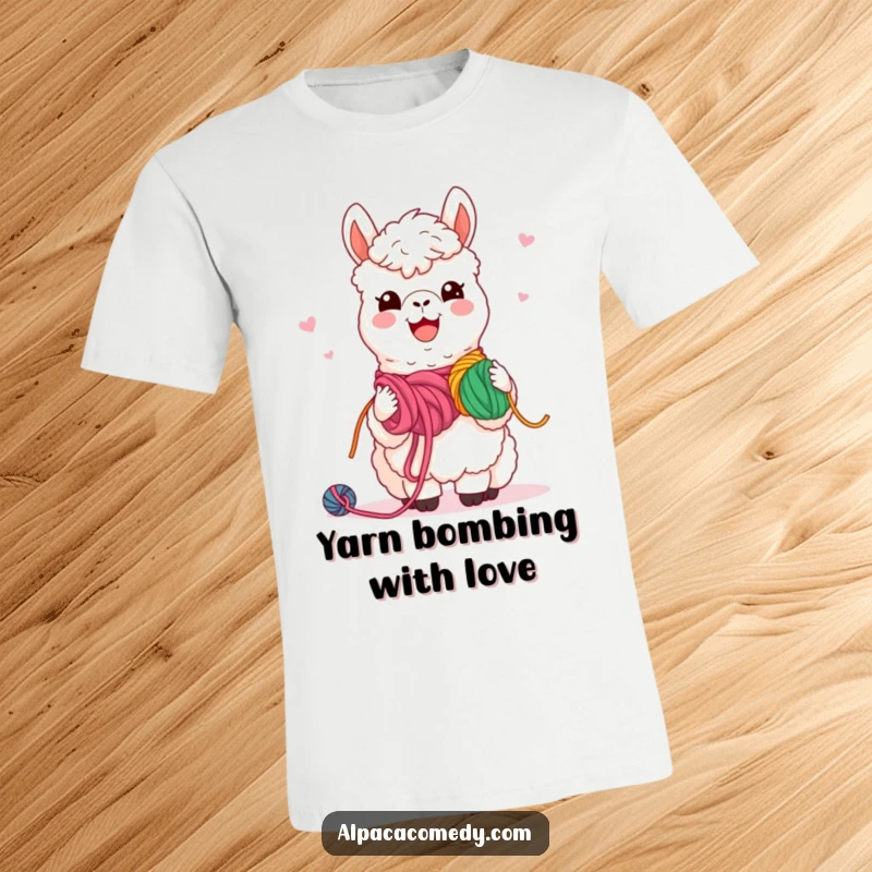 Funny T-Shirt: Happy kawaii alpaca beaming, sharing colorful yarn with pals, a heartwarming scene of camaraderie.