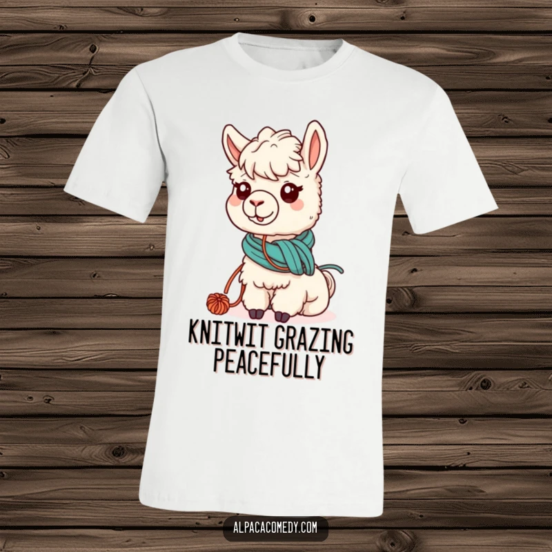 Funny t-shirt featuring a kawaii alpaca with yarn tangled around its neck, peacefully grazing, ideal for crafters and alpaca fans.