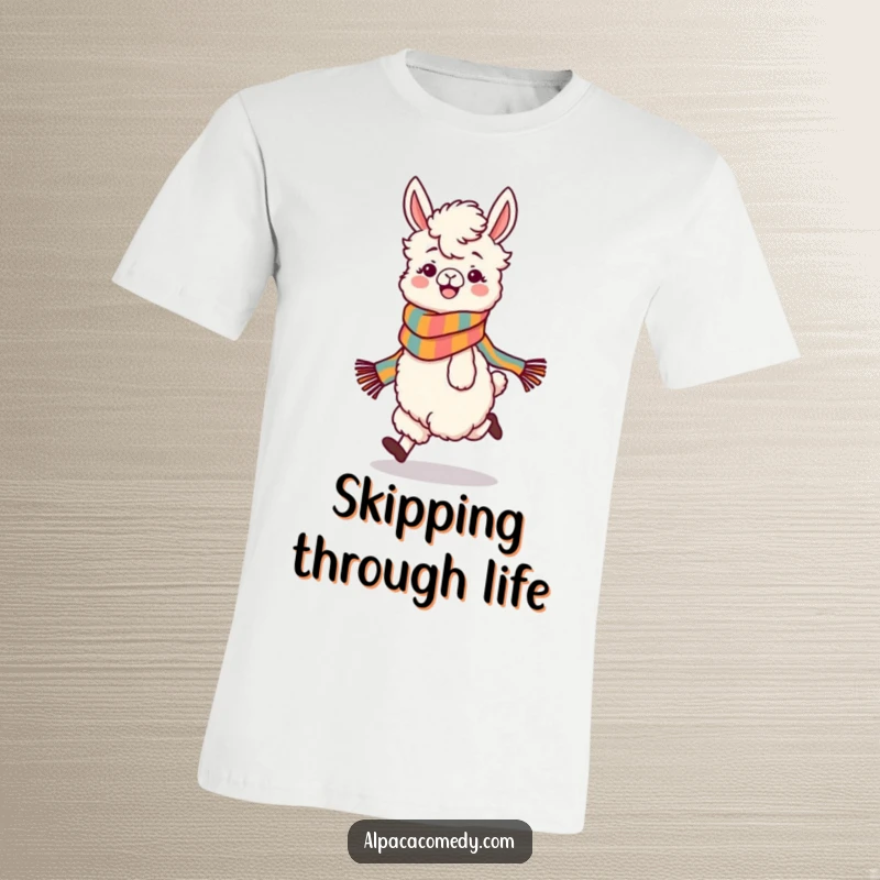 Funny t-shirt of a playful alpaca character in a colorful scarf, skipping with uncontainable glee, radiating happiness and fun.