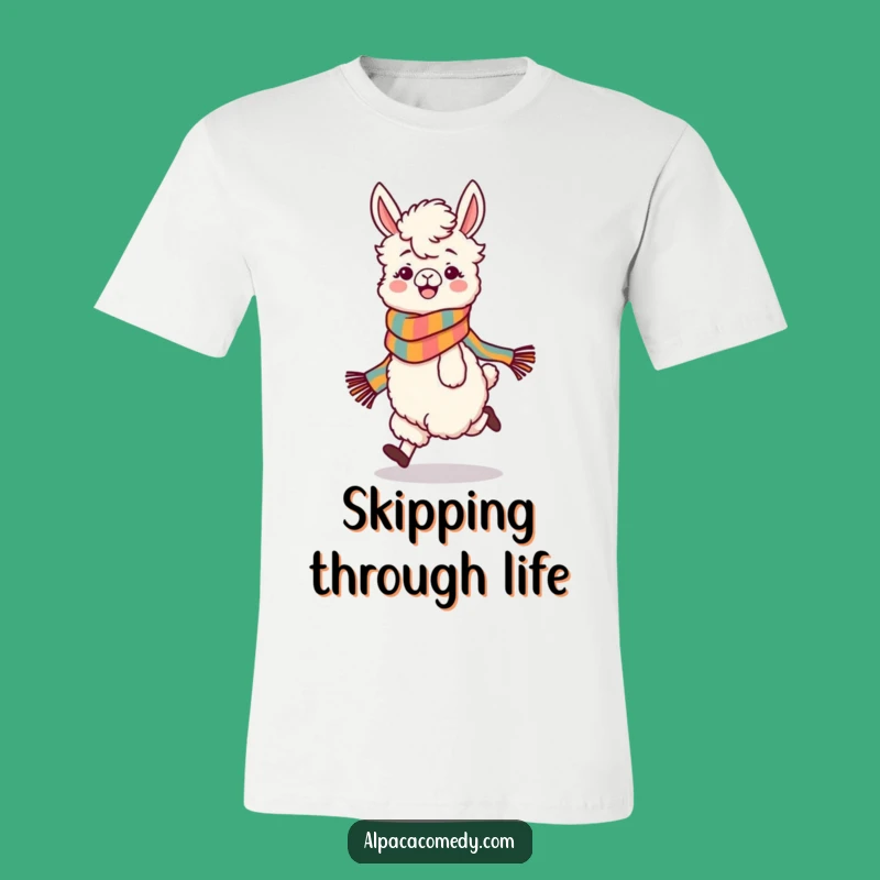 Funny Skipping Alpaca T-Shirt: Playful Character, Colorful Scarf, Hilarious Gift