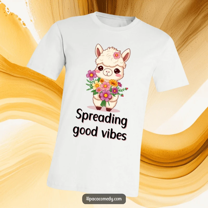 Funny alpaca with a proud smile holding a colorful bouquet of flowers, printed on a t-shirt for a cheerful look.