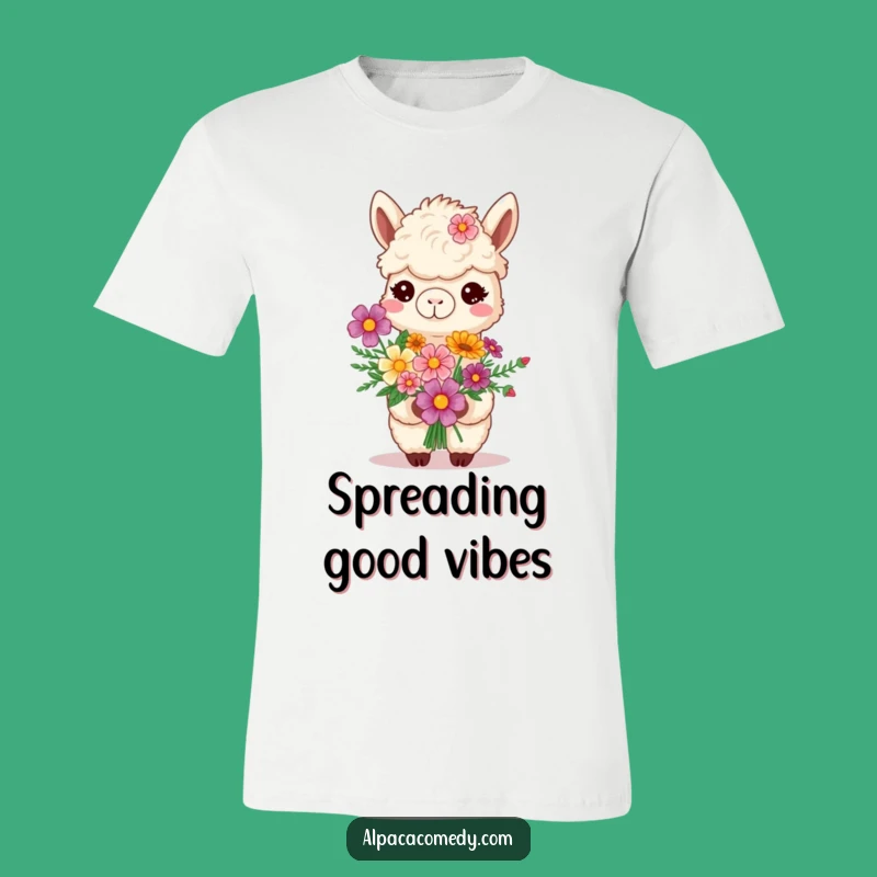 Funny Smiling Alpaca T-Shirt - Flower Bouquet Cheerful Tee