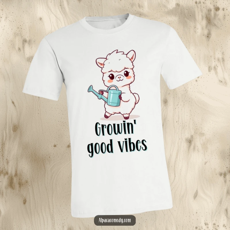 Funny t-shirt depicting an alpaca character with a wide grin, carrying a small watering can, showcasing a caring and nurturing attitude.