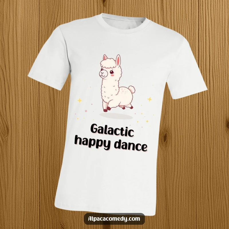 Funny Kawaii Alpaca T-Shirt, showing a cute alpaca happily skipping through a field filled with sparkling, tiny stars.