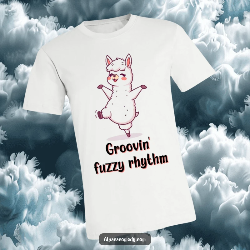 Funny t-shirt showcasing a jubilant alpaca character in mid-dance, hooves tapping energetically, radiating pure unadulterated joy and rhythm.