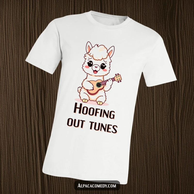 Funny Alpaca T-Shirt: A cheerful alpaca masterfully plays a small ukulele, showcasing its musical prowess with a happy expression.