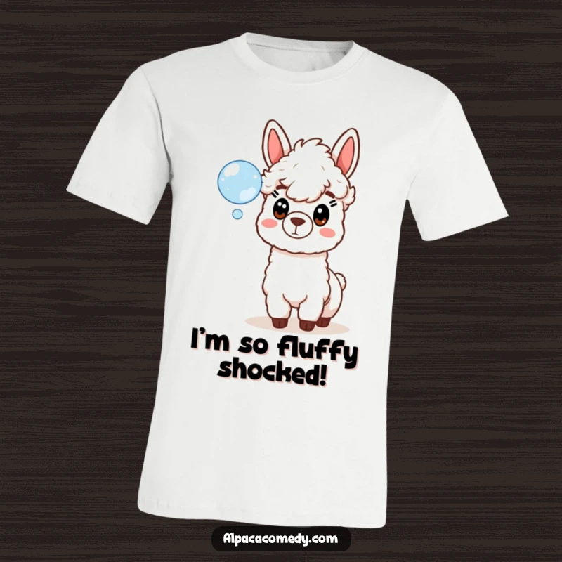 Funny t-shirt featuring a comical alpaca with a shocked expression, mesmerized by a delicate soap bubble floating before its face.