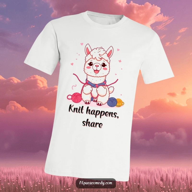 Funny Kawaii alpaca t-shirt, depicted sharing vibrant yarn with friends, a warm smile showcasing a friendly and communal spirit.