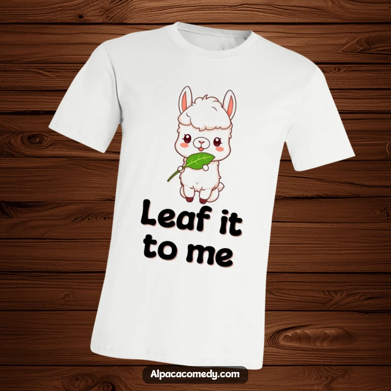 Funny Alpaca T-Shirt: A content alpaca with a funny, happy expression, engrossed in munching a tasty leaf.