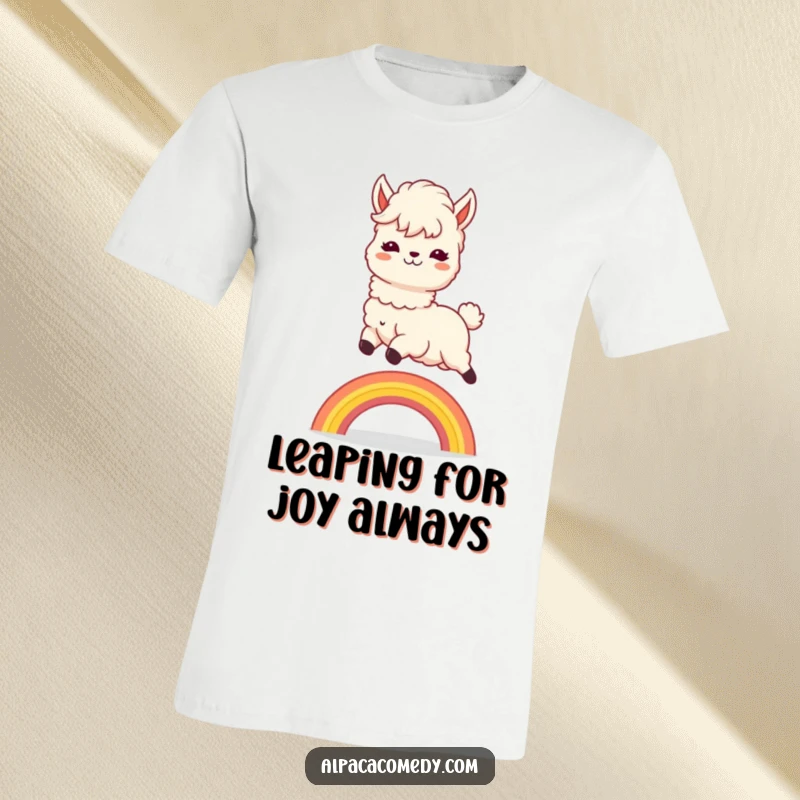 Funny T-Shirt: Adorable kawaii alpaca soaring over a rainbow, fluffy mane catching the breeze, a symbol of pure delight.