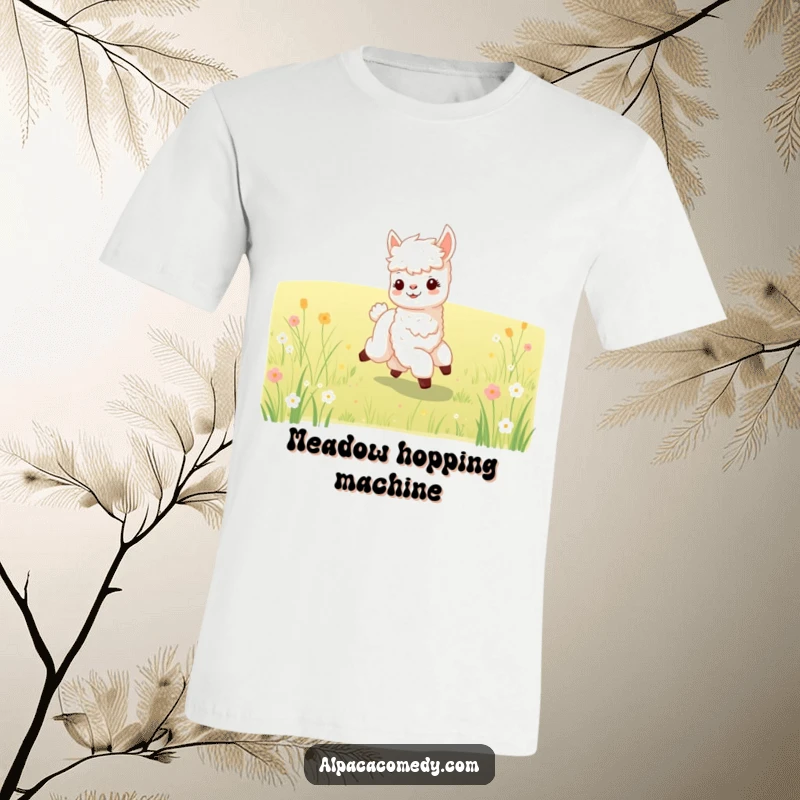 Funny t-shirt showcasing a cute baby alpaca energetically prancing through a vibrant meadow, embodying pure joy and fun.