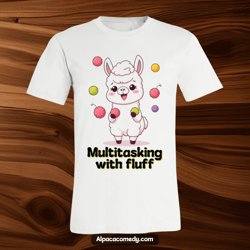 Funny t-shirt of a giggling alpaca character juggling colorful pompoms with its hooves, capturing a moment of pure, joyful chaos.