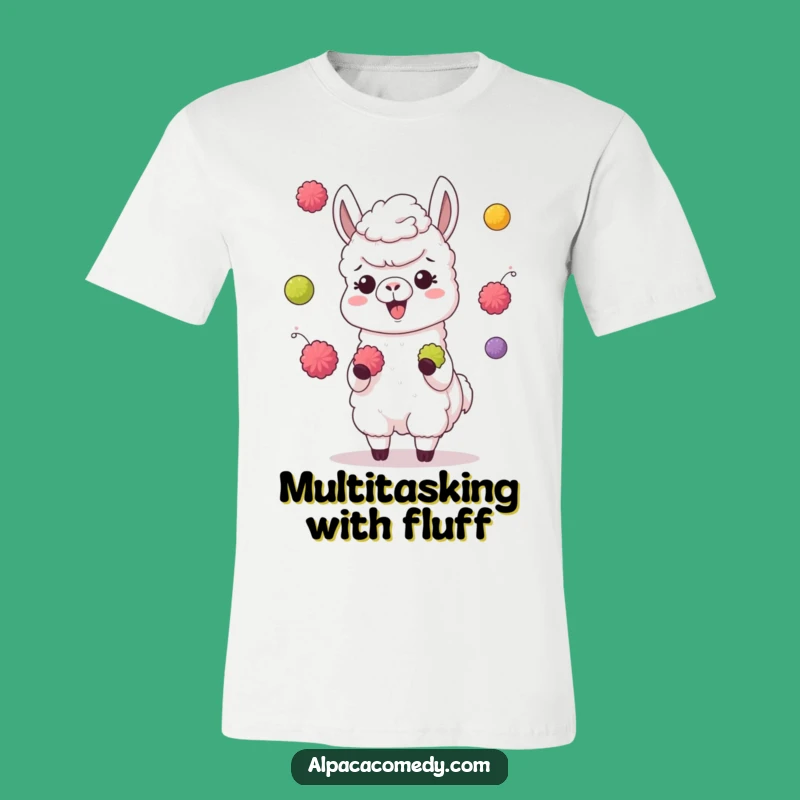 Funny Juggling Alpaca T-Shirt: Giggling Character, Colorful Pompoms, Hilarious Gift