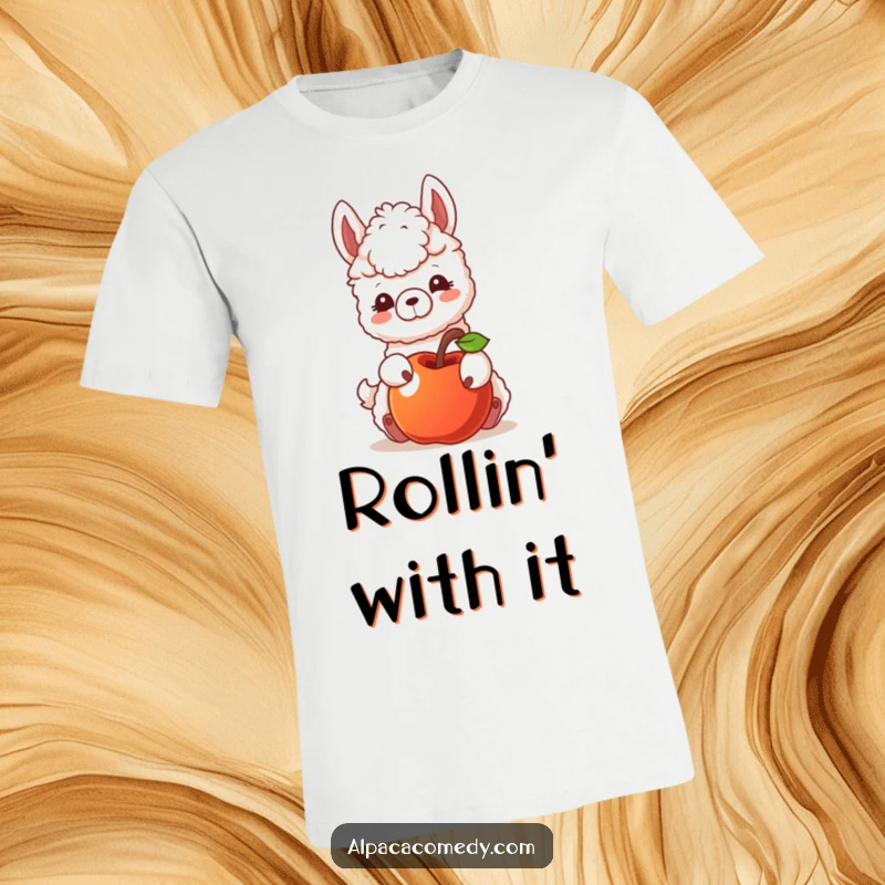 Funny t-shirt showing an alpaca character gently nudging a rolling apple with its nose, embodying curiosity and playful interaction.