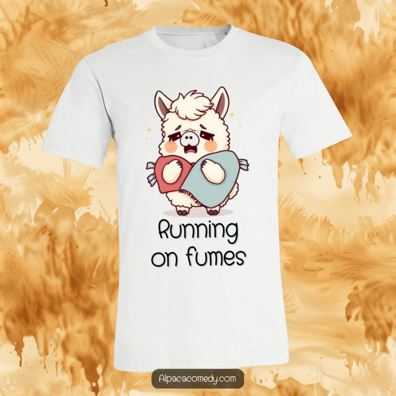 Funny t-shirt showcasing a tired alpaca yawning widely, wrapped in a cozy blanket, representing the universal desire for comfort and rest.