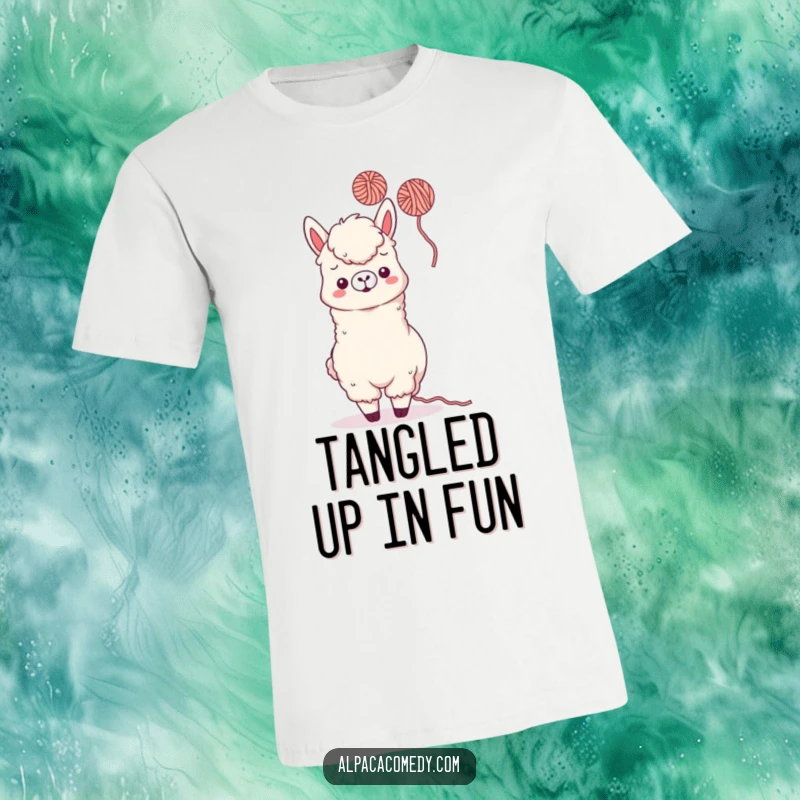 Funny Kawaii Alpaca T-Shirt featuring a playful alpaca tossing a ball of yarn, radiating fun and humorous energy.