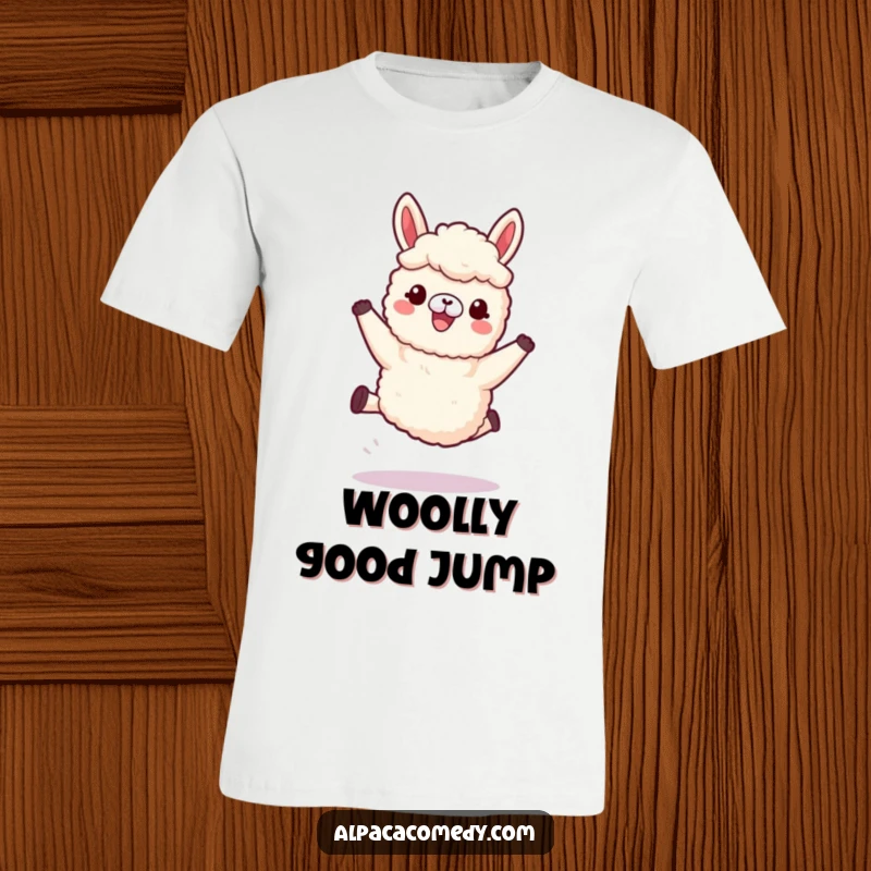 Funny Kawaii Alpaca T-Shirt showing an alpaca joyfully leaping with soft, woolly legs, perfect for active wear.