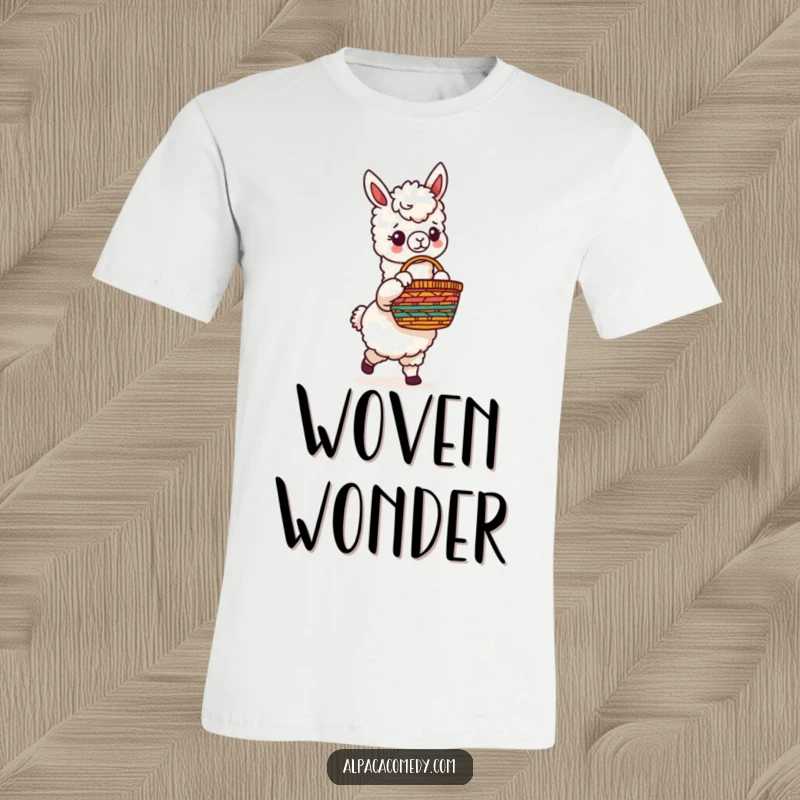 Funny t-shirt showcasing a smiling alpaca character holding a dazzling, hand-woven basket overflowing with colorful trinkets, radiating pure happiness.
