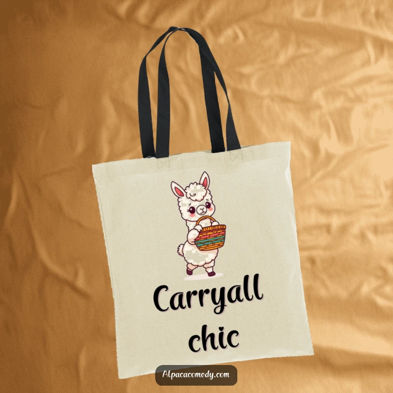 Funny tote bag displaying a happy alpaca character with a large, colorful woven basket, ideal for groceries or everyday adventures.