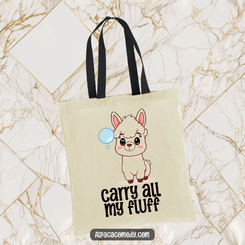 Funny tote bag illustrating a startled alpaca with wide eyes, captivated by a single, floating soap bubble, excellent for market trips.