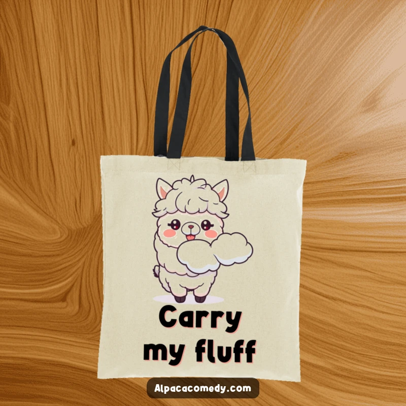 Funny tote bag featuring a happy alpaca character spitting a soft cloud, ideal for carrying items with a humorous touch.