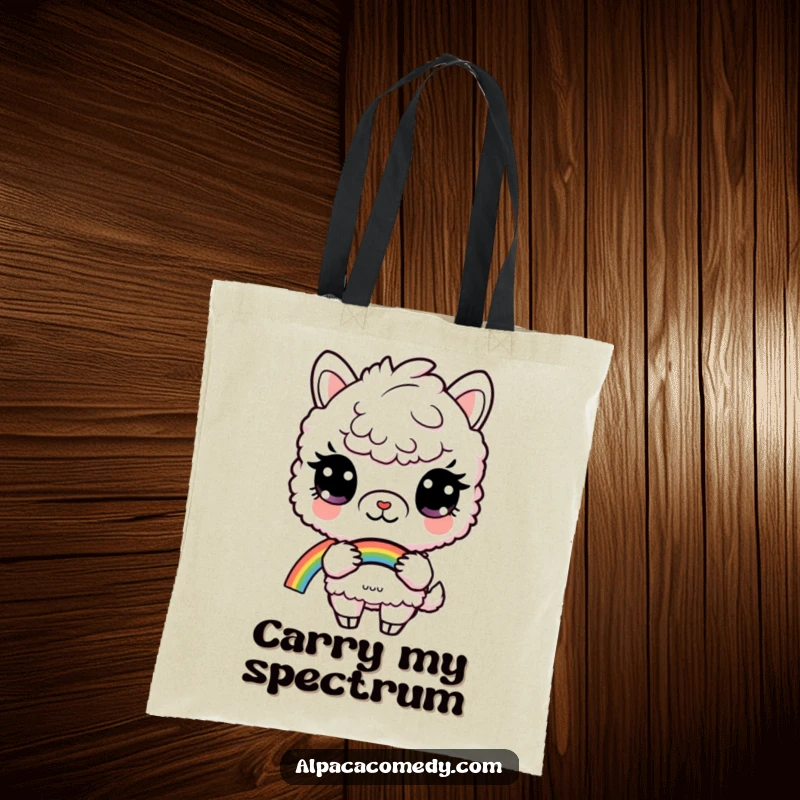 Funny tote bag with a curious alpaca holding a colorful rainbow, ideal for carrying items with a magical theme.