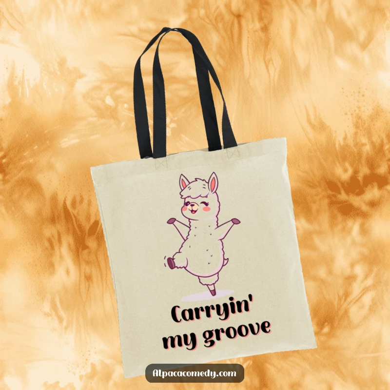 Funny tote bag featuring an ecstatic alpaca character dancing joyfully, hooves tapping, perfect for carrying groceries or dancing essentials.