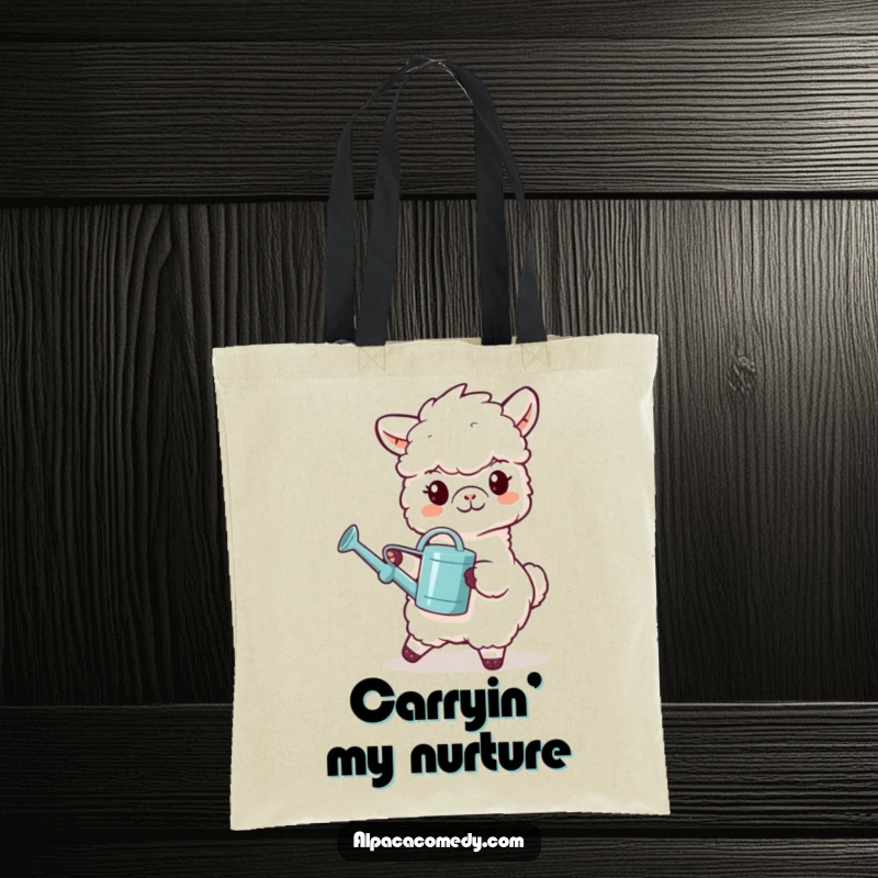 Funny tote bag featuring a grinning alpaca character carrying a tiny watering can, perfect for gardeners and plant enthusiasts.
