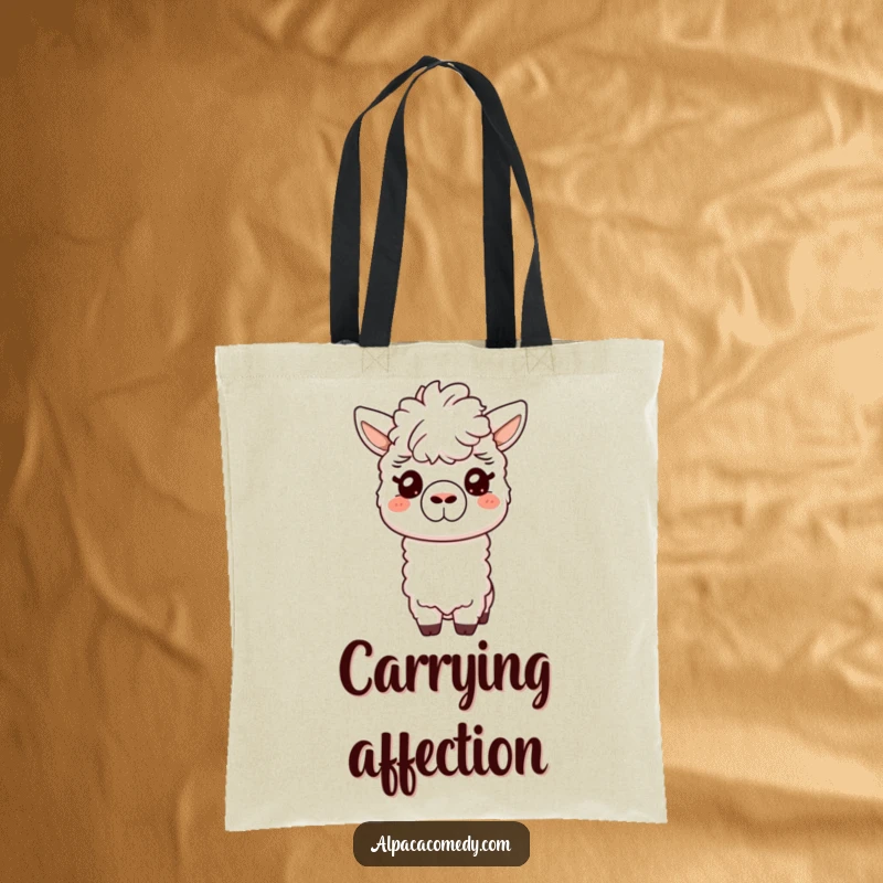 Funny tote bag featuring a friendly alpaca giving a gentle nuzzle with its soft snout, perfect for carrying belongings with warmth and care.