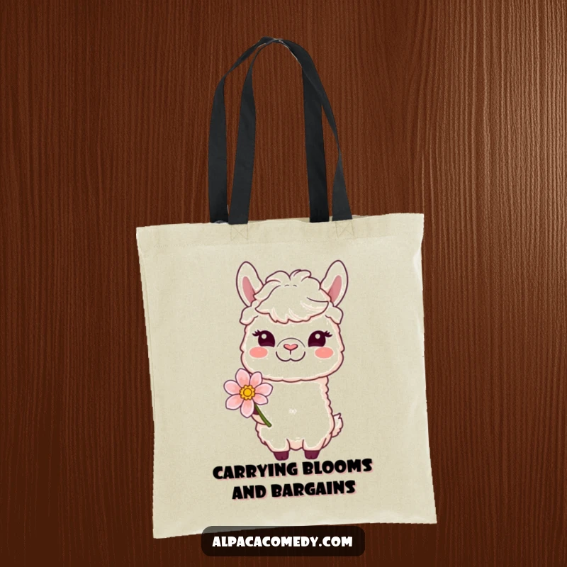 Funny tote bag featuring a winking alpaca character offering a bloom with a gentle smile, ready to carry your items.