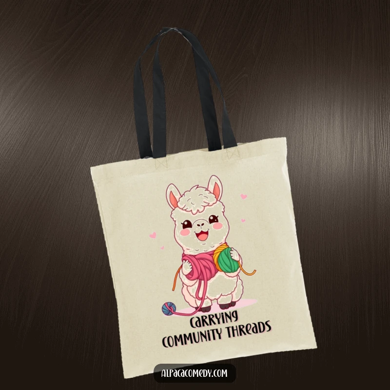 Funny Tote Bag: Charming kawaii alpaca with a warm smile, sharing colorful yarn, perfect for carrying friendship and essentials.