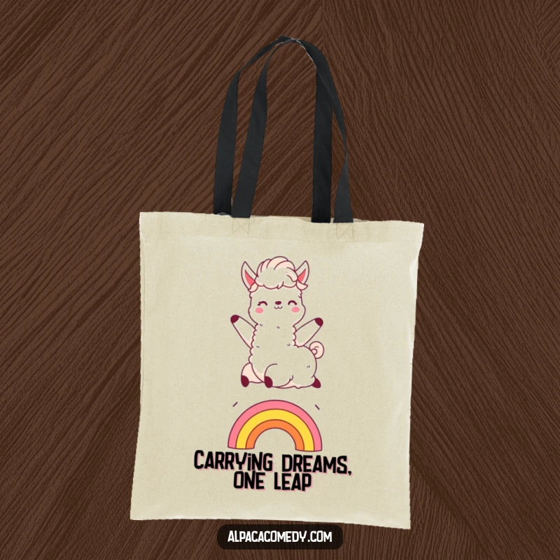 Funny Kawaii alpaca tote bag, mid-leap over a colorful rainbow, mane flowing, showcasing a vibrant and joyful design for everyday use.