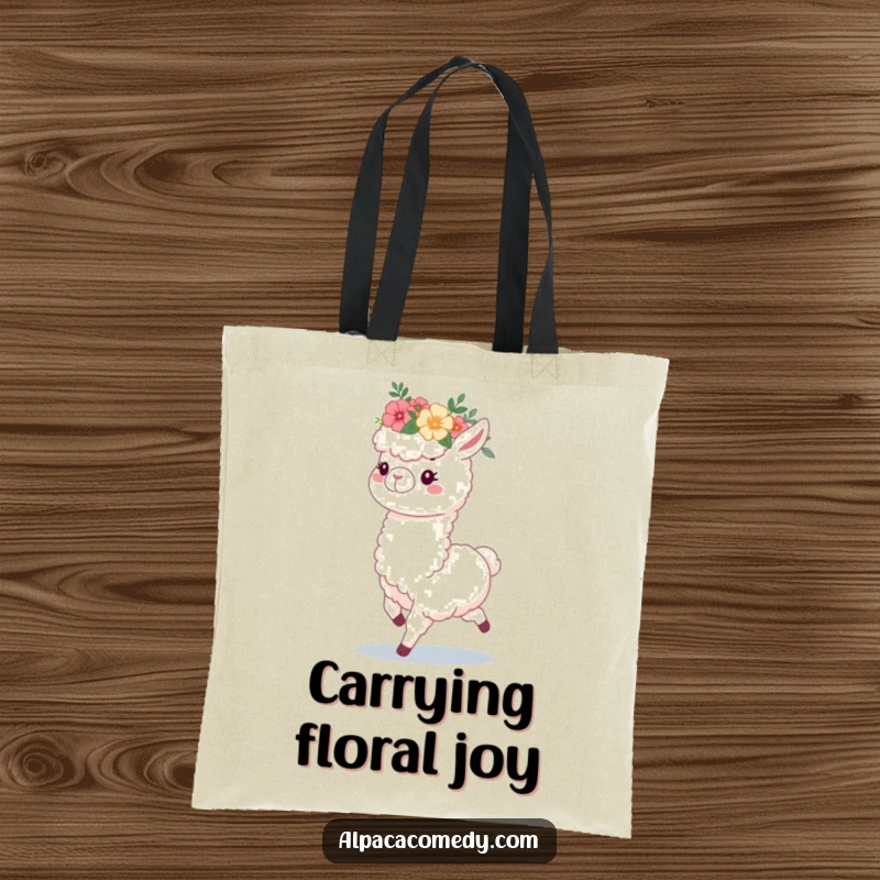 Funny tote bag showcasing a fluffy alpaca with a flower crown, prancing happily, perfect for carrying daily essentials whimsically.
