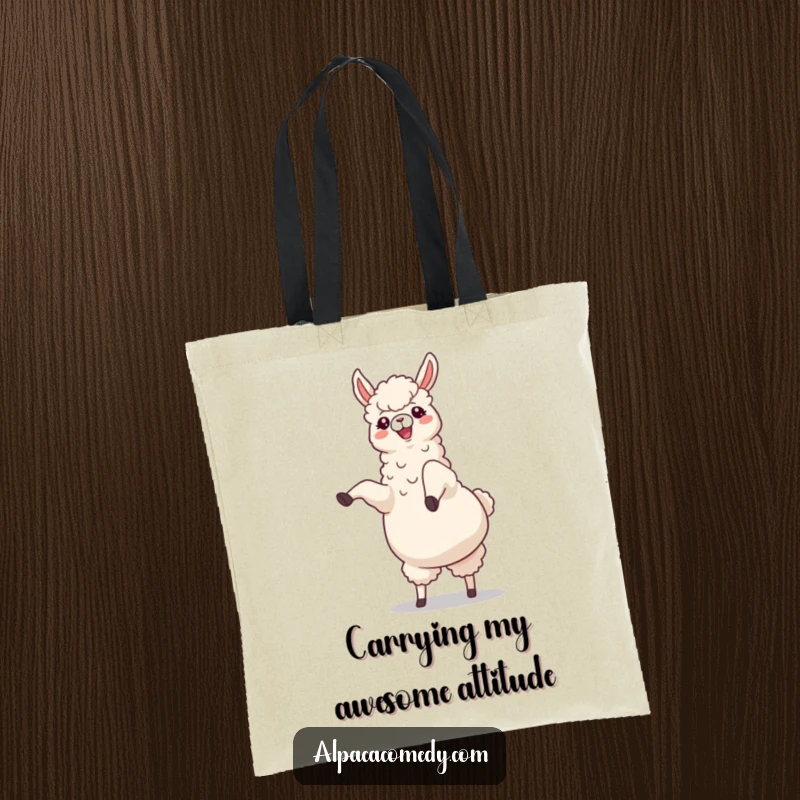 Funny Alpaca Tote Bag: A cheerful alpaca in mid-cartwheel with legs kicking joyfully upwards, ready for adventure and errands.