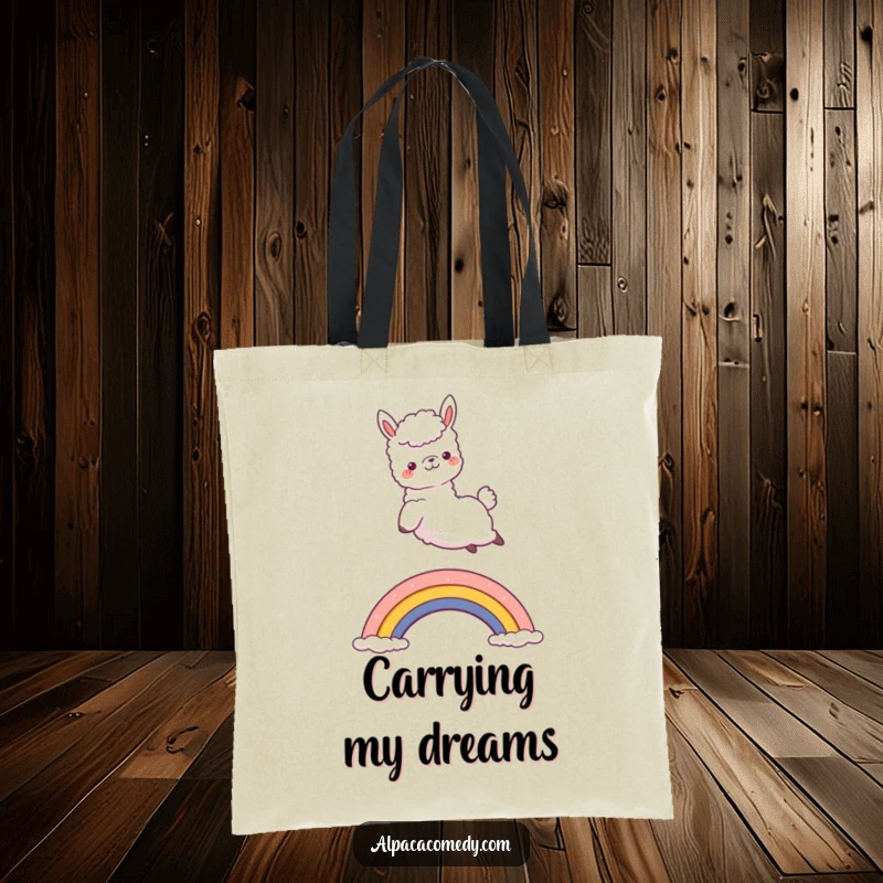 Funny Kawaii Alpaca Tote Bag with a joyful alpaca jumping over a rainbow, perfect for carrying items with a touch of humor and delight.