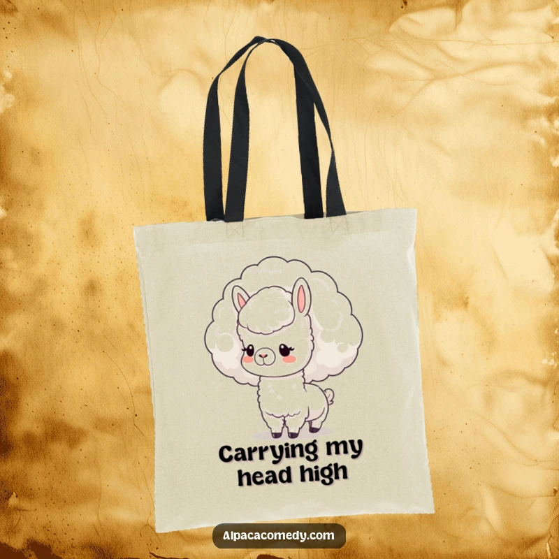Funny Tote Bag: Charming kawaii alpaca with a soft expression, curiously nuzzling a fluffy cloud, perfect for carrying dreams and essentials.