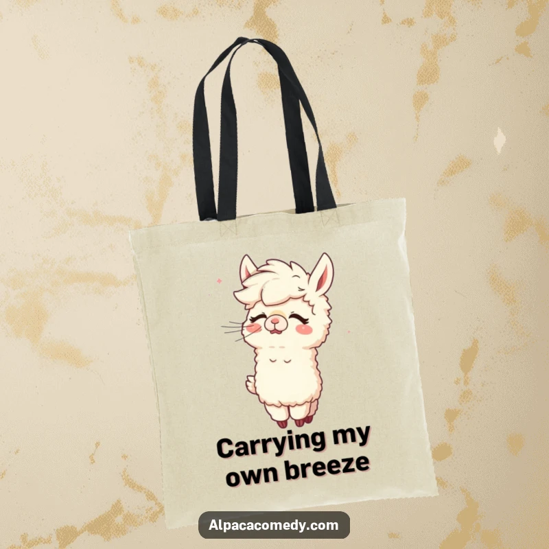 Funny Alpaca Tote Bag: An expressive alpaca delighting in a funny moment of wind grooming its fluffy wool.