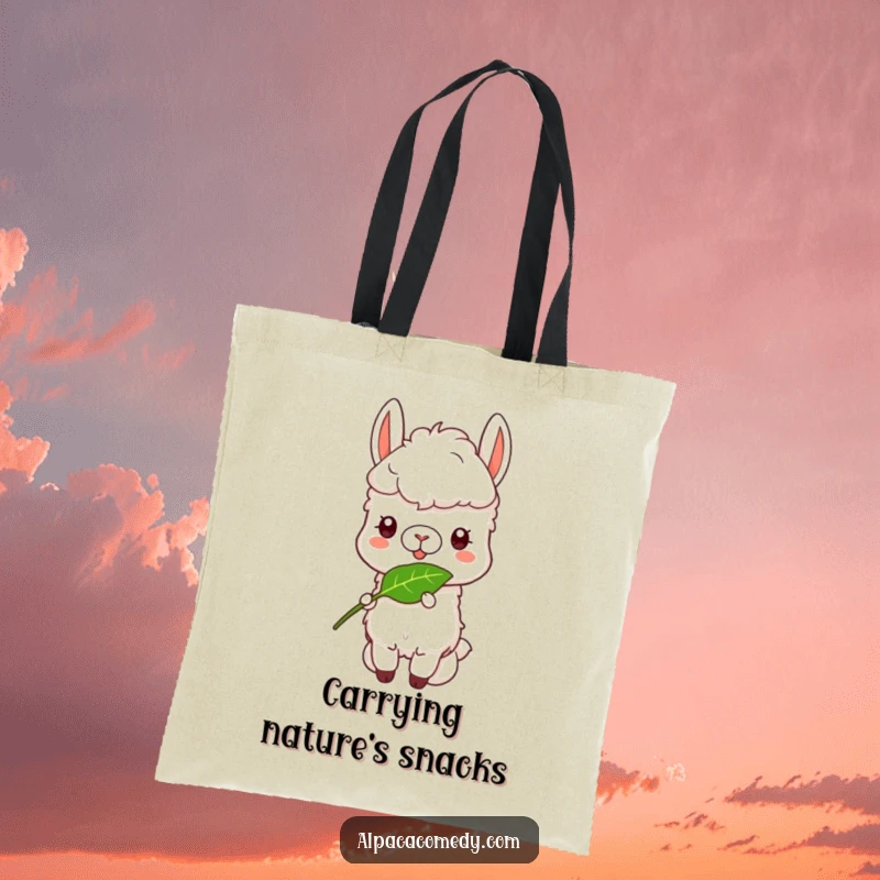 Funny Alpaca Tote Bag: An alpaca with a contented, funny expression, happily munching on a delectable leaf.