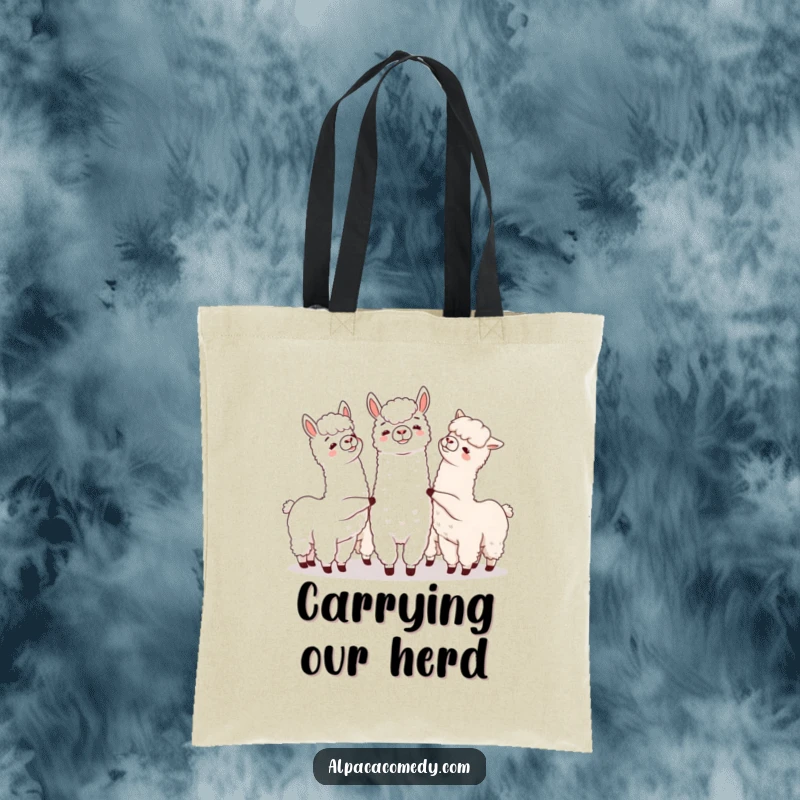 Funny tote bag featuring a group of alpacas playfully nudging each other, perfect for carrying daily items with a smile.