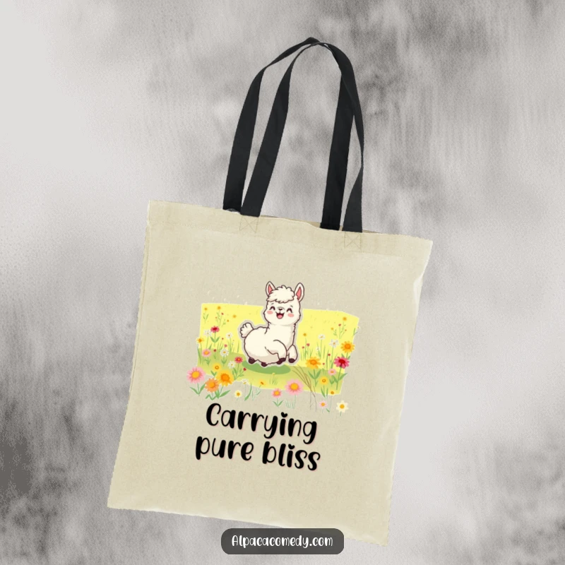 Funny tote bag featuring a joyful alpaca in mid-roll within a colorful wildflower field, embodying pure, unadulterated happiness and fun.