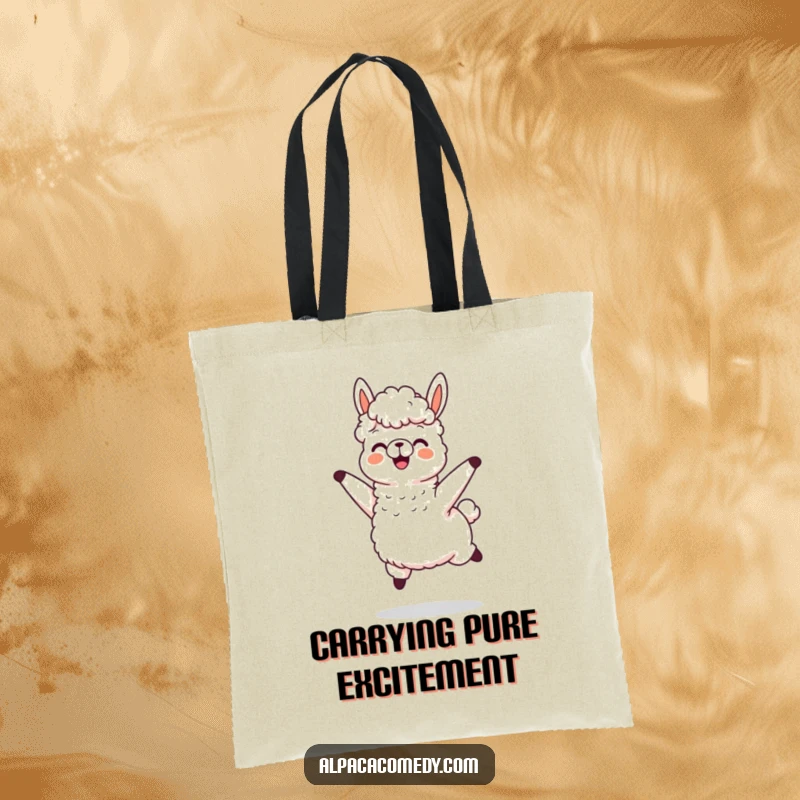 Funny tote bag featuring an alpaca character mid-jump with its wool flying, radiating pure, unadulterated joy and excitement.