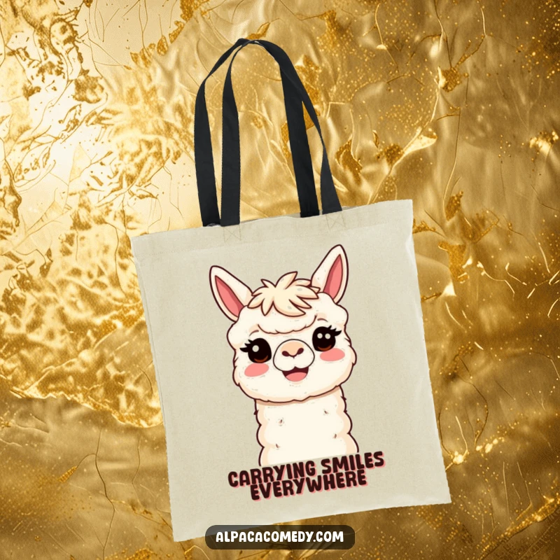 Funny Kawaii Alpaca Tote Bag with a smiling alpaca offering a huge, welcoming tilt of its head, perfect for carrying items humorously.